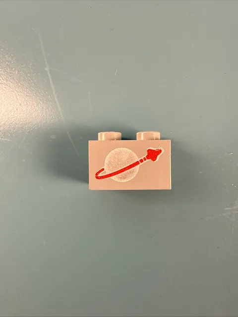 Vintage LEGO Classic Space Brick 1x2 Light Gray Printed Moon Rocket Logo 3004p90