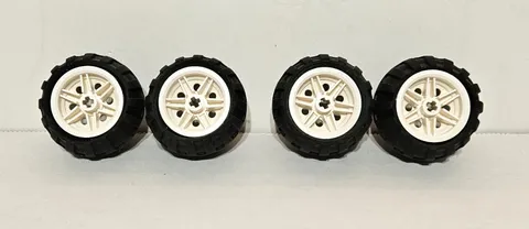 LEGO Set of 4 30mm x 14mm White Wheel Rims w/Axle Holes & Tires