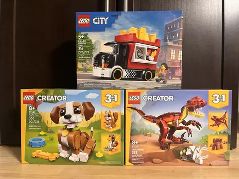 Lot Of 3 Lego 3 In 1 Creator And Lego City -puppy, Dinosaur And Fries Food Truck