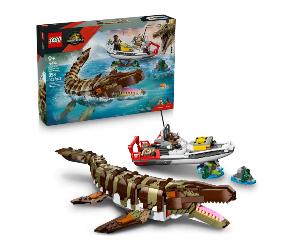 LEGO Jurassic World Brick-Built Mosasaurus Boat Mission Dinosaur Toy - Building 