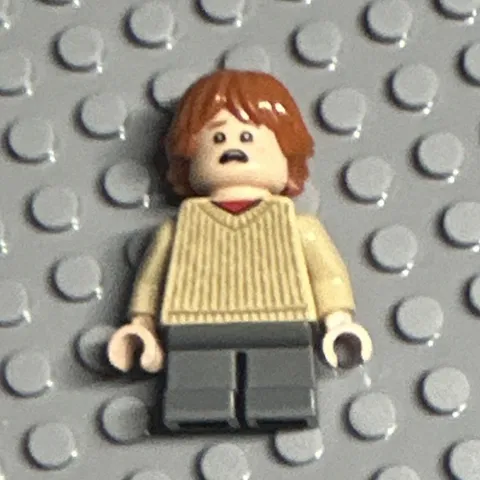 LEGO Minifigure Brown Hair Tan Sweater Torso Dark Gray Legs Plastic