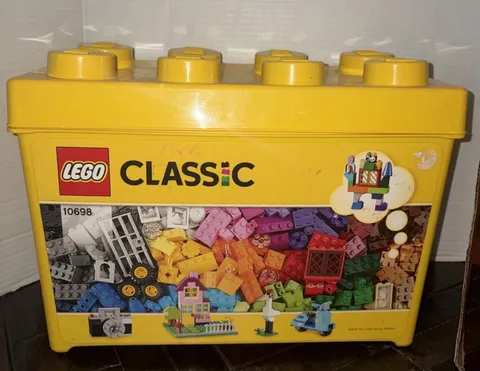 LEGO Yellow Plastic Brick Box Filled With mixed Legos. Lot Of Mixed Lego
