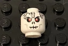 LEGO White Skeleton Skull Head With Red Eyes, Metal Plates, Evil Grin, Halloween