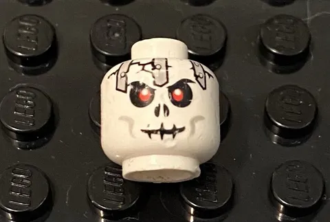 LEGO White Skeleton Skull Head With Red Eyes, Metal Plates, Evil Grin, Halloween