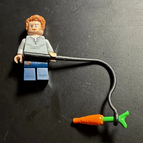 LEGO Male Minifigure Light Gray Shirt Dark Blue Legs Brown Hair w/ Carrot