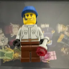 LEGO Minifigure Construction Worker Blue Hard Hat Brown Legs Flashlight