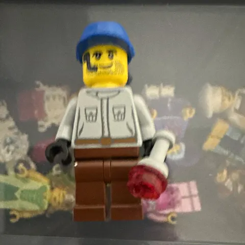 LEGO Minifigure Construction Worker Blue Hard Hat Brown Legs Flashlight