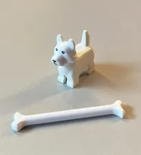 Lego Dog Terrier with Black Eyes and Nose and Pink Tongue Pattern White w/ Bone