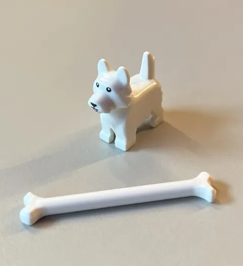 Lego Dog Terrier with Black Eyes and Nose and Pink Tongue Pattern White w/ Bone
