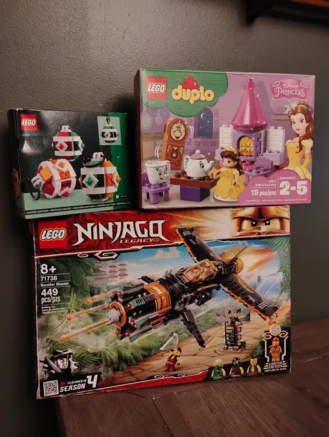 Ninjago 71736 Boulder Blaster, Duplo Belle's Tea Party 10877 & Christmas Ornamen