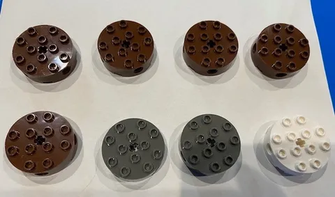 8 LEGO Round 4x4 with 4 Side Pin Holes, Center Axle Hole 6222 Brown, Gray, White