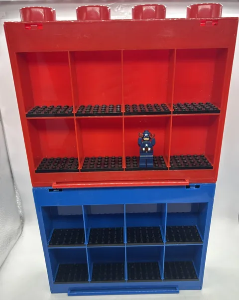 2 LEGO Minifigure Display Case 8 Figures Red & Blue Stackable Storage Retired