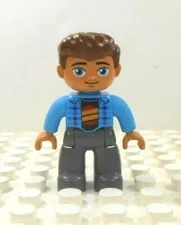 Lego Duplo Figure Man brown hair round eyes blue/dk gray