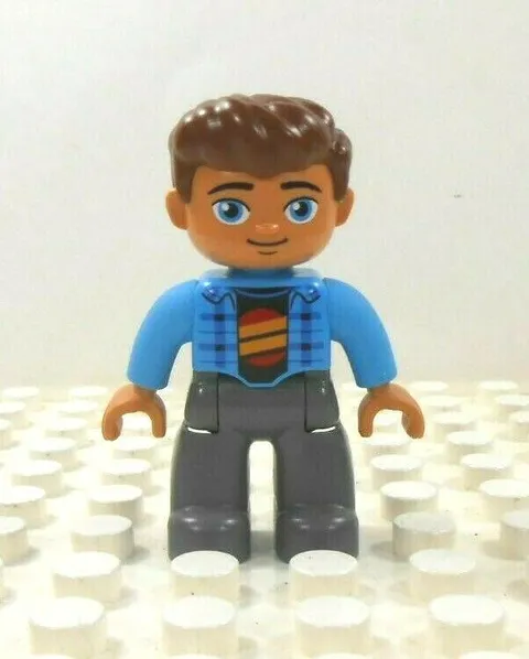 Lego Duplo Figure Man brown hair round eyes blue/dk gray