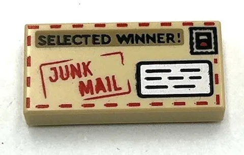 Lego New Tan Tile Flat Smooth 1 x 2 w/ Red 'JUNK MAIL' Black 'SELECTED WINNER!'