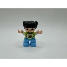 LEGO Duplo Figure Girl Black Hair Pigtails Blue Pants Green Pug Shirt