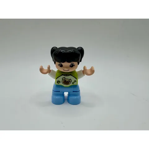 LEGO Duplo Figure Girl Black Hair Pigtails Blue Pants Green Pug Shirt