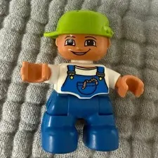 Lego Duplo 2" Boy Blue Overalls Green Cap Figure Minifigure Brother Kid Child
