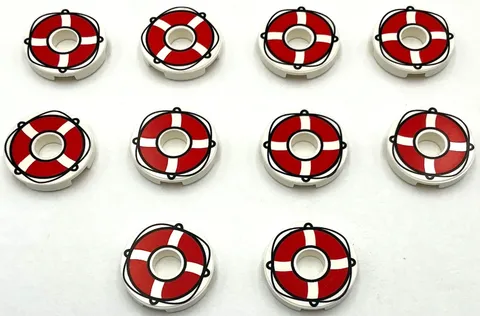 Lego 10 New White Tiles Round 2 x 2 with Hole with Red Life Preserver Pieces