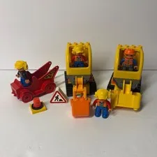 LEGO Duplo Construction Vehicles lot Excavator Loader Truck 4 Figures Cone Sign