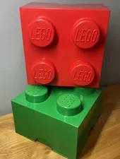 Lego Storage Brick Cube Red and Green Stackable 4 Stud Box Containers - Lot Of 2
