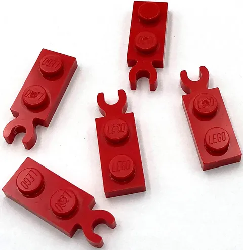 Lego 5 New Red Plates Modified 1 x 2 with Clip on End Vertical Grip Parts