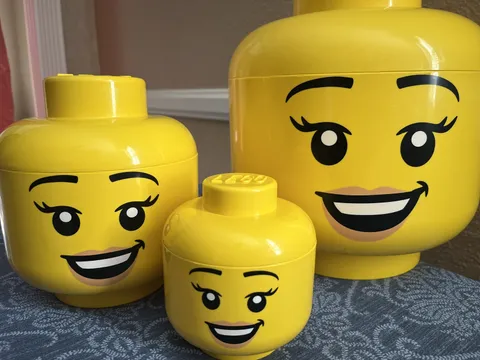 YELLOW LEGO HEAD STORAGE CANISTERS SET OF 3 Large Stackable 11” Boy Smile