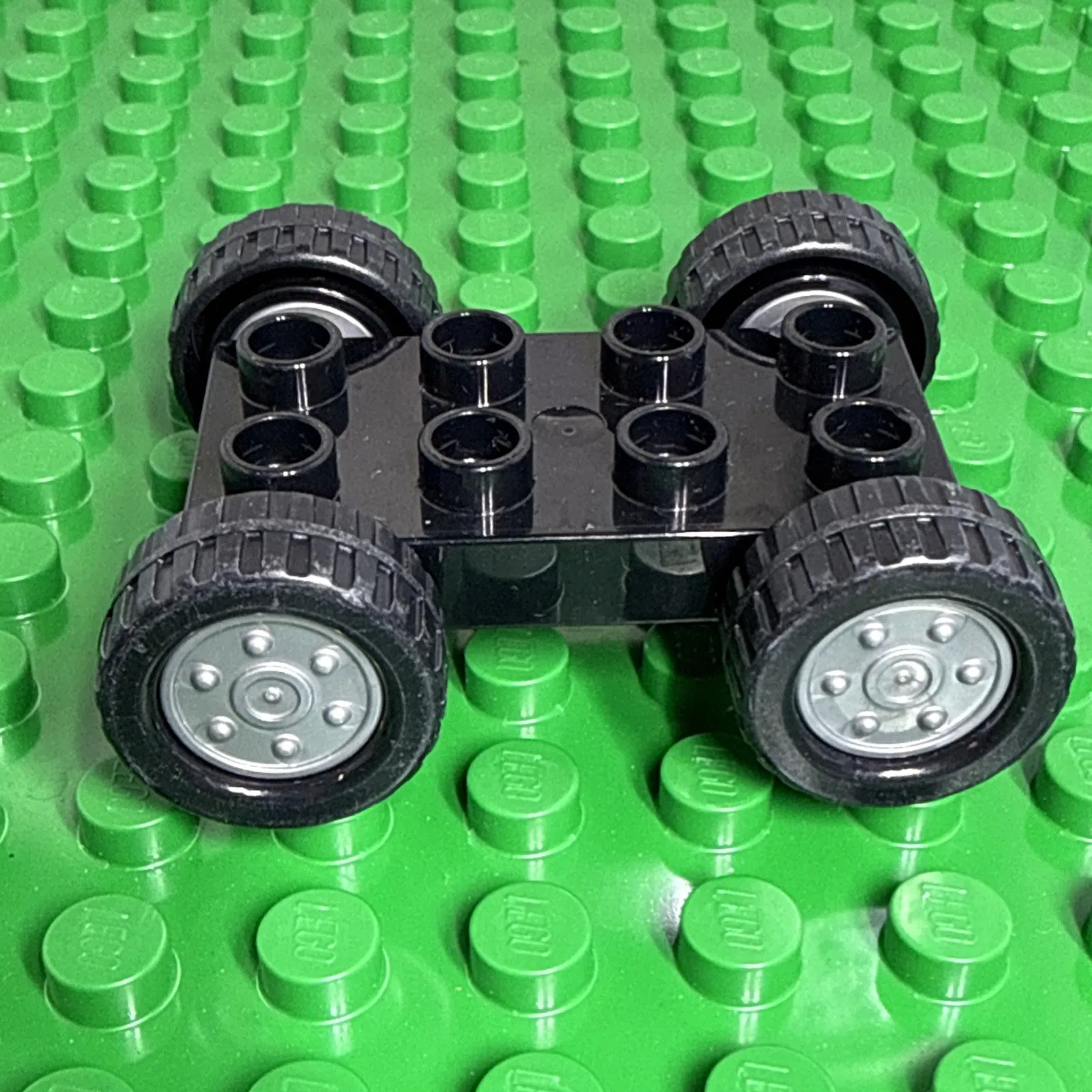 Lego Duplo Car Base 2X4 Fixed Axles Black Tires and Flat Silver wheels