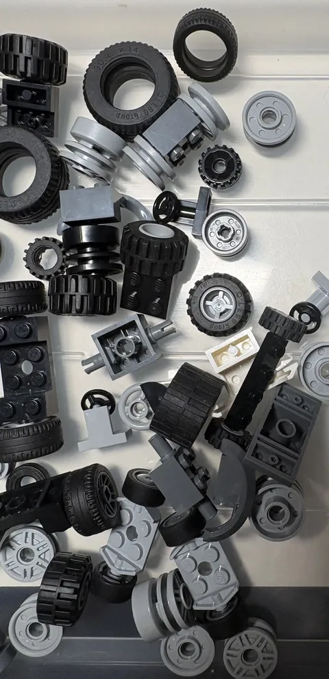LEGO Bulk Lot Wheels Tires Rims Axles & Vehicle Parts, Black Gray White