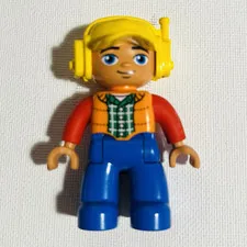 LEGO Minifigure Yellow Helmet Headphones Orange Safety Vest Blue Legs Red Arms
