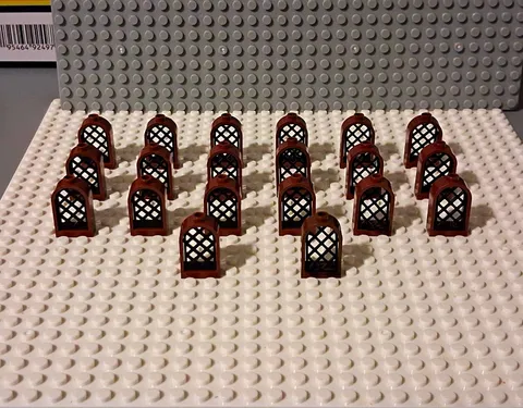 LEGO 1x2x2 2/3 rounded-top window. Reddish Brown. Black Lattice. Lot Of 20
