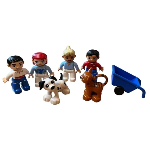 Lego Duplo Lot of 4 Figures/ People + Cat Dog Wheelbarrow