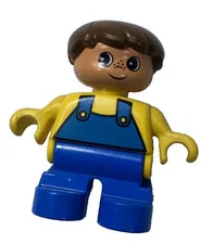 Lego Duplo Figure Kid Boy Brown Hair Yellow Top Blue Overalls Vintage