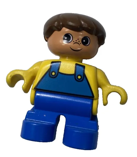 Lego Duplo Figure Kid Boy Brown Hair Yellow Top Blue Overalls Vintage