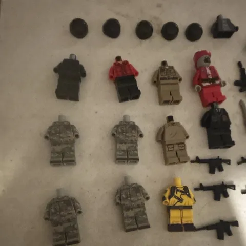 LEGO Minifigure Parts Lot: Assorted Torsos & Legs, Helmets/Heads, Weapons