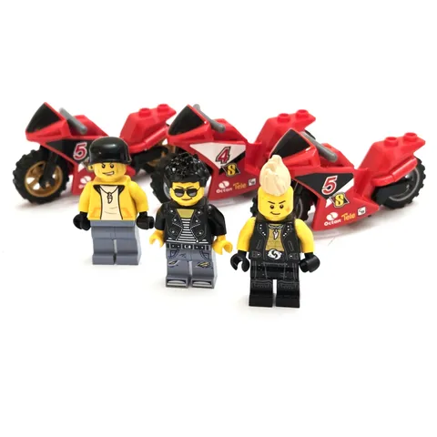 LEGO Motorcycle Racing Bike Lot 3 Red Sport Bikes w/ Punk Rider Minifigures City