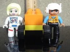 Lego Duplo Astronaut Female & Worker Figure w/ Car Base 2X4 Yellow Wheels