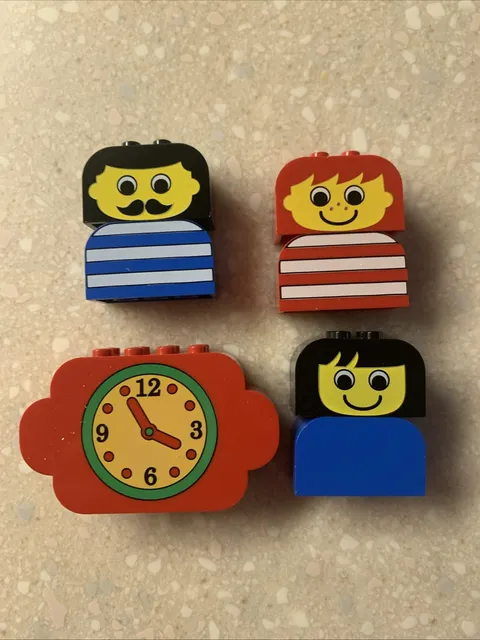 Lot of 4 Vintage LEGO Printed Bricks Face Stripes Clock Large People