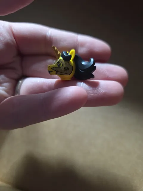LEGO - Minifig, Head, Modified Unicorn w/ Black Mane, Gold Horn & Armor Pattern