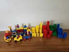 Vintage Lot of 144 Lego Duplo Building Blocks Car Train People Animals Rattle