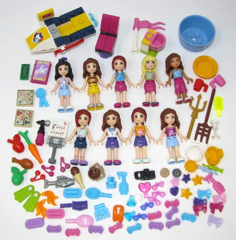 Lego Friends 9 Minifigures Lot  Accessories   Food Dishes boat