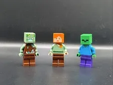 LEGO MINIFIGURE MINECRAFT ZOMBIE MIN010, DROWNED ZOMBIE MIN088, ALEX MIN017