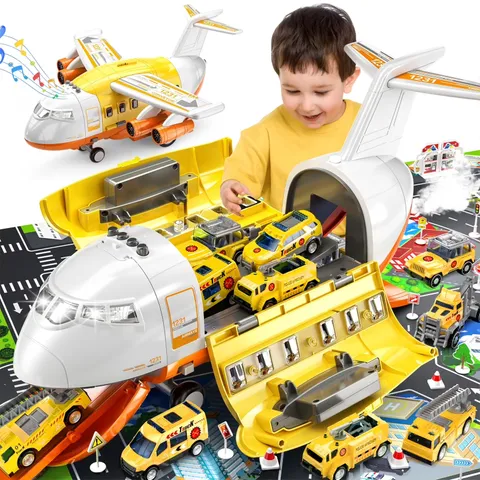 Kids Transforming Airplane Toy Set - Inertia Plane 12 Alloy Cars City Play Mat