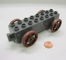 Vintage Lego Duplo GRAY LARGE WAGON BASE w/ 2x8 Brown Spoked Wheels #1