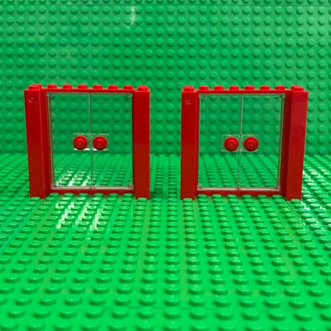 Lego Door Frames Red 2x8x6 (80400) + Trans-Clear Inserts 80683 + Knobs