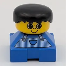VTG LEGO Duplo Boy Figure Black Hair Blue Striped Overalls Freckles Block Toy