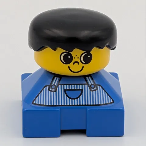 VTG LEGO Duplo Boy Figure Black Hair Blue Striped Overalls Freckles Block Toy