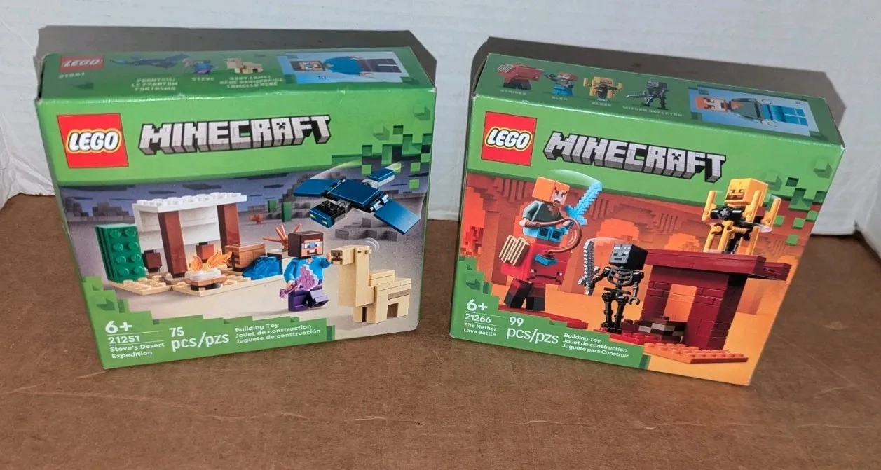 LEGO Minecraft Lot  21266 The Nether Lava Battle 21251 Steve’s Desert Expedition