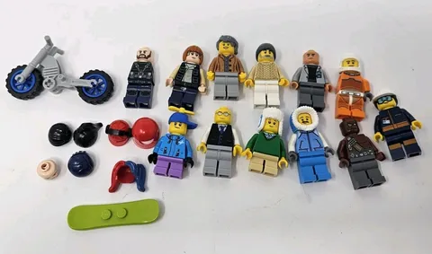 LEGO Minifigure Mixed Lot of 10 Figures + Motorcycle Vehicle + Extra Heads Hair