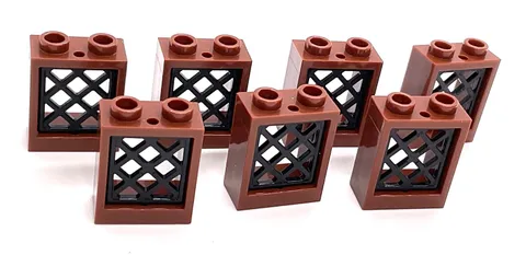 Lego Window 1x2x2 w/ Black Lattice - Reddish Brown - 7 Pcs.